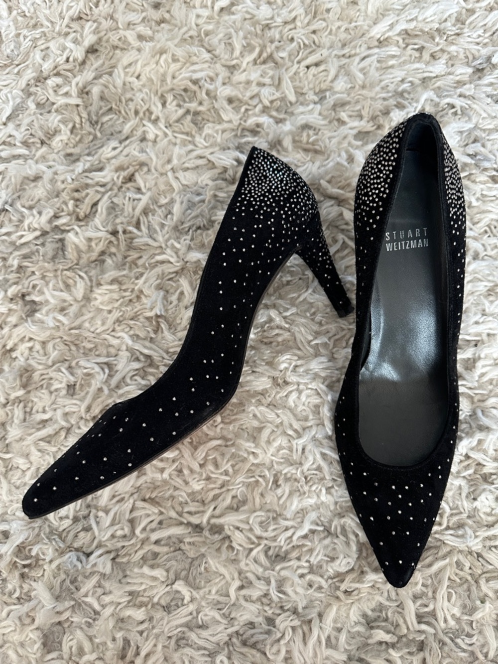 Stuart Weitzman Black Crystal-Studded Pointed Toe Pumps